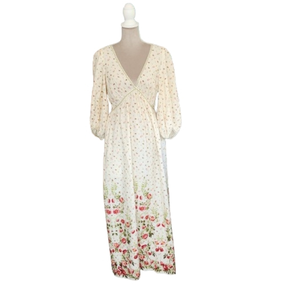 NWT Max Studio Plunge Neck Midi Dress Size S Yellow/Wildflowers Puff Sleeves - Picture 12 of 12